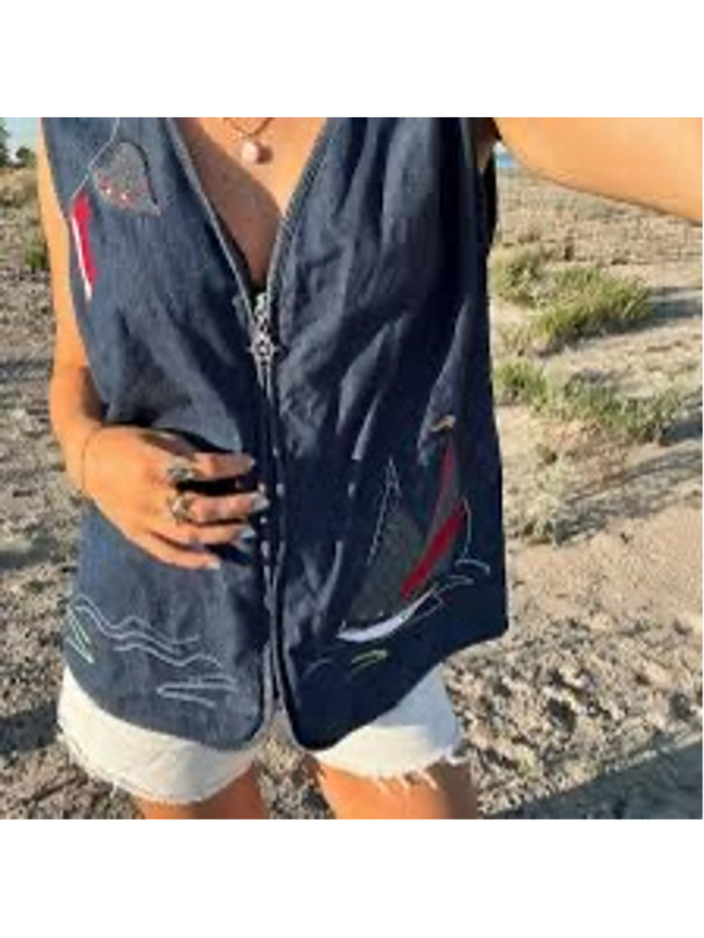 ALLISON DALEY Blue Denim Vest with Sailboat Embroidery Size 12 Coastal Nautical
